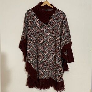 Arian & Shine  Soft Wool Mock Neck Boho Poncho With Fringe O/S